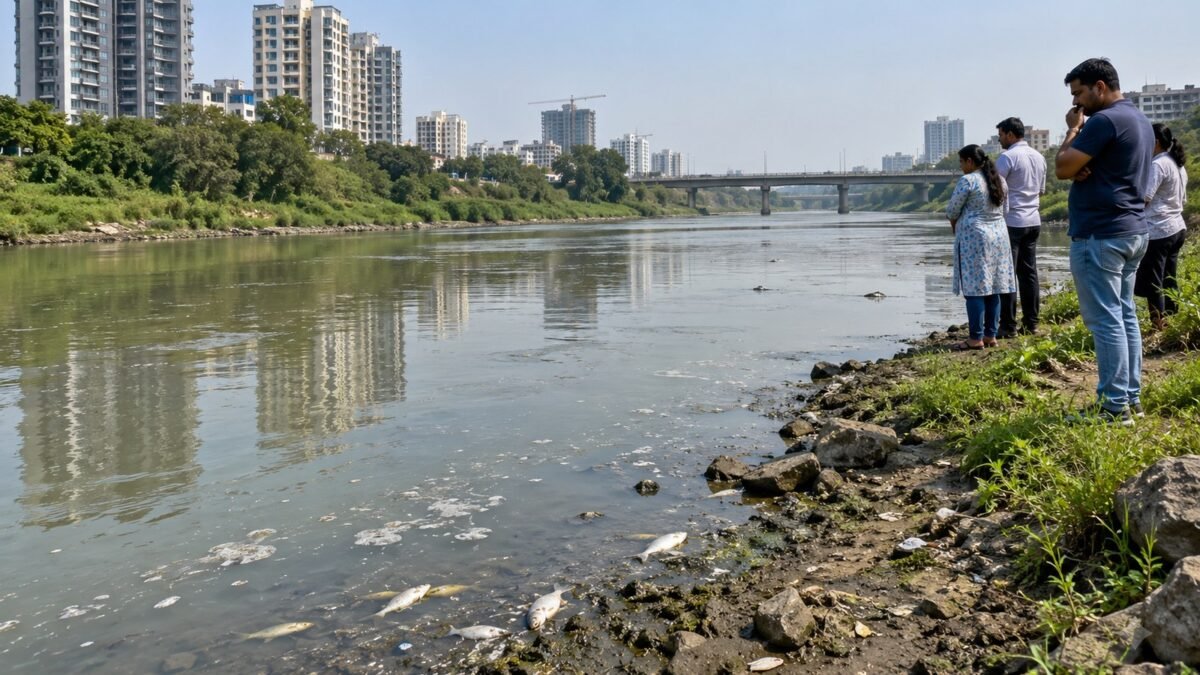 बाणेर-बालेवाडी परिसरातील मुळा नदीचे रंग बदललेले पाणी आणि मृत मासे