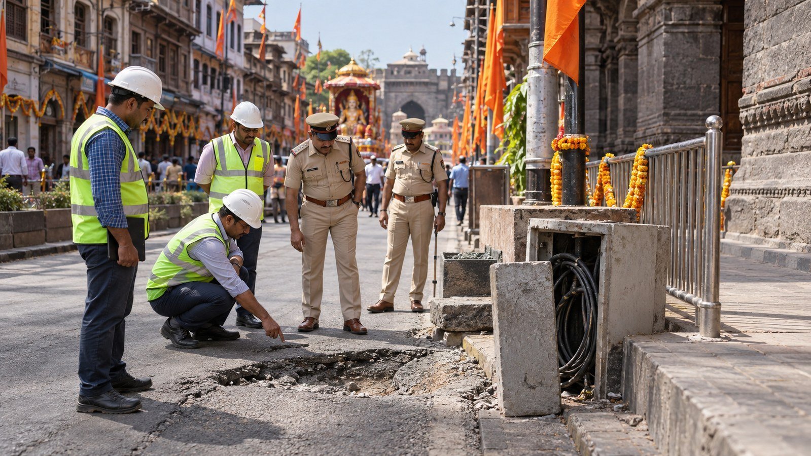 मध्य पुण्यात मिरवणूक मार्गाची पाहणी करणारे अधिकारी