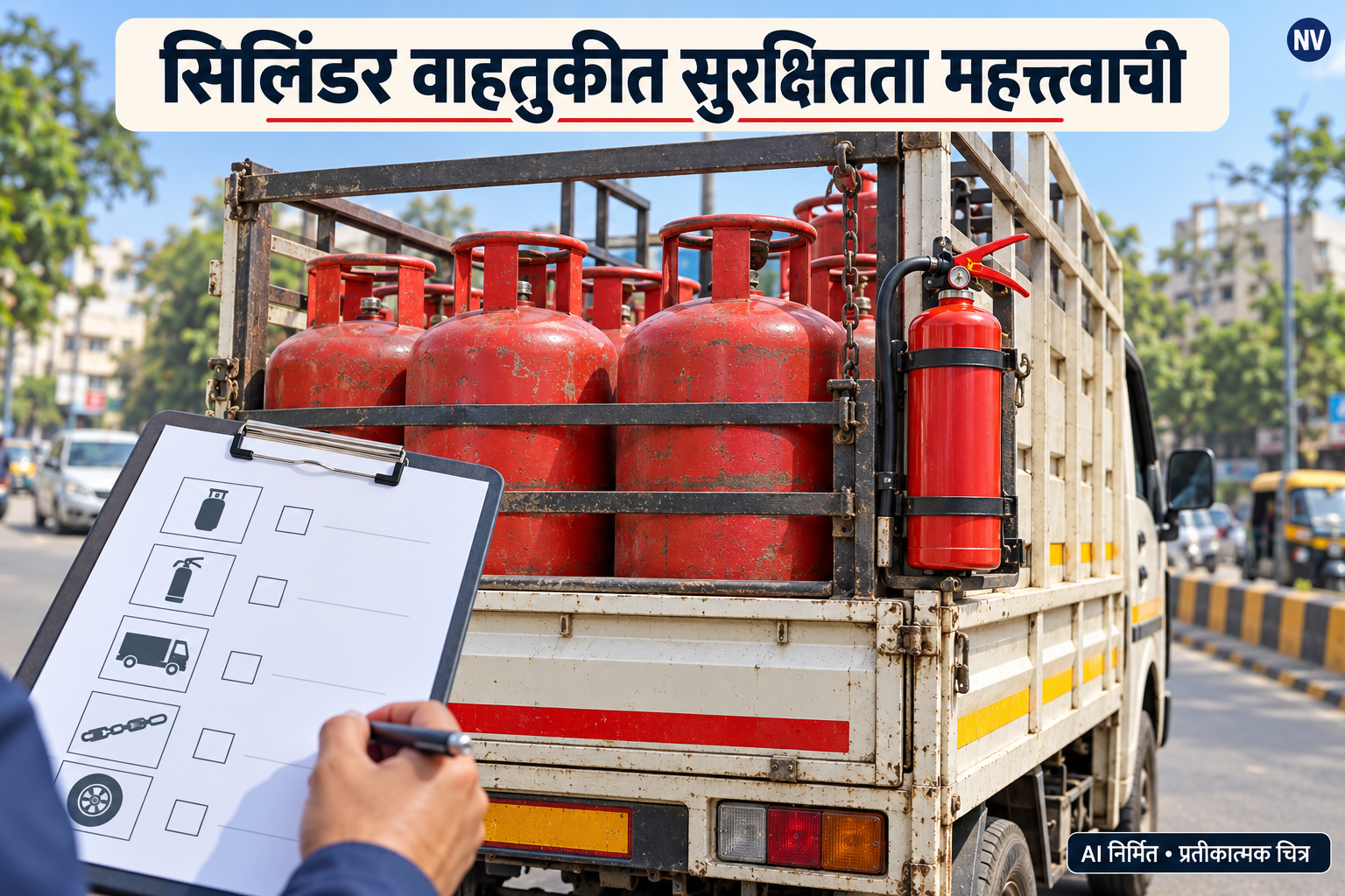 एलपीजी सिलिंडर वाहतूक सुरक्षिततेसाठी वाहन व सुरक्षा साधनांच्या तपासणीचे प्रतीकात्मक चित्र