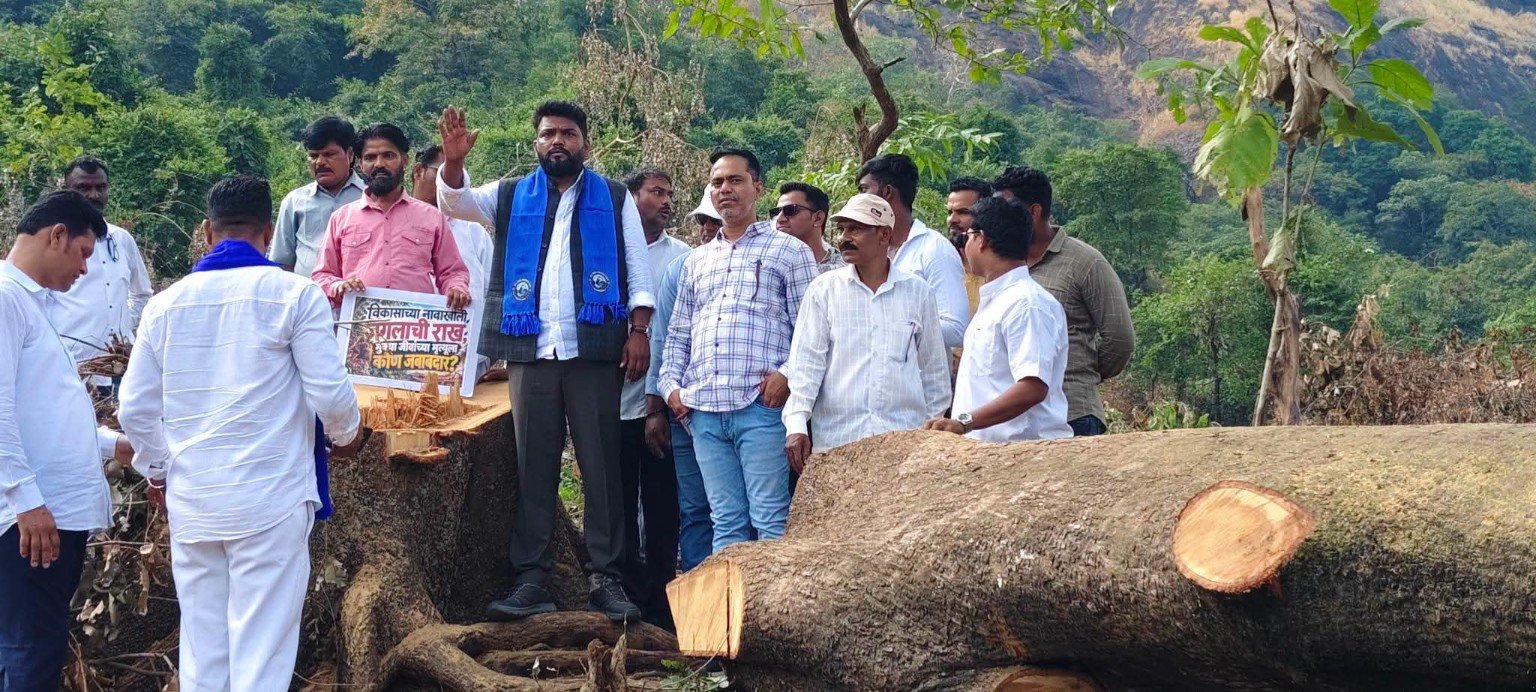 तोडलेल्या वृक्षांजवळ पाहणीदरम्यान उपस्थित पदाधिकारी